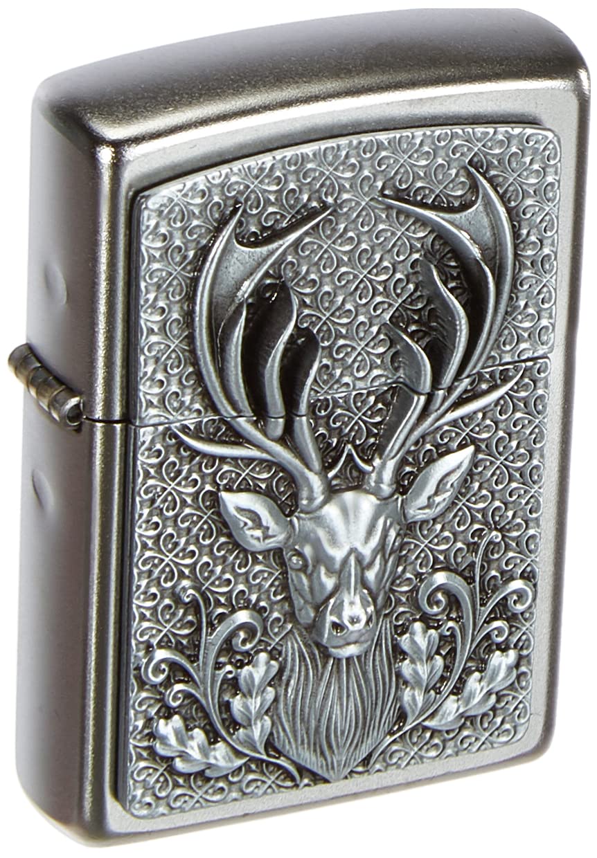 Zippo Windproof Lighter - Deer Head - Satin Chrome, Emblem - Refillable for Lifetime Use - Adjustable Flame - Gift Box - Metal Construction - Made in USA