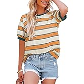 Dokotoo Womens Summer Tops 2026 Striped Color Block Short Sleeve Fashion T-Shirts Crewneck Casual Loose Basic Tee Blouses