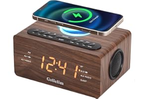 Gelielim Digital Wooden Alarm Clock with Wireless Charging, FM Radio, Bluetooth Speaker, 10W Fast Charger, USB Port,Sleep Timer, Dimmer, Alarm Clock Radio for Bedroom, Bedside, Desk,Kids