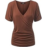 Made By Johnny Women's V Neck Short Sleeve Wrap Front Drape Dolman Tunic Top