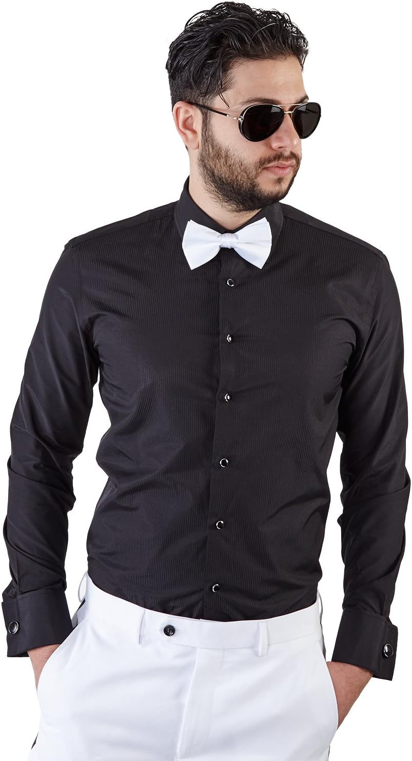 New Mens Tailored Slim Fit Black Tuxedo Shirt French Cuff Wrinkle Free by Azar