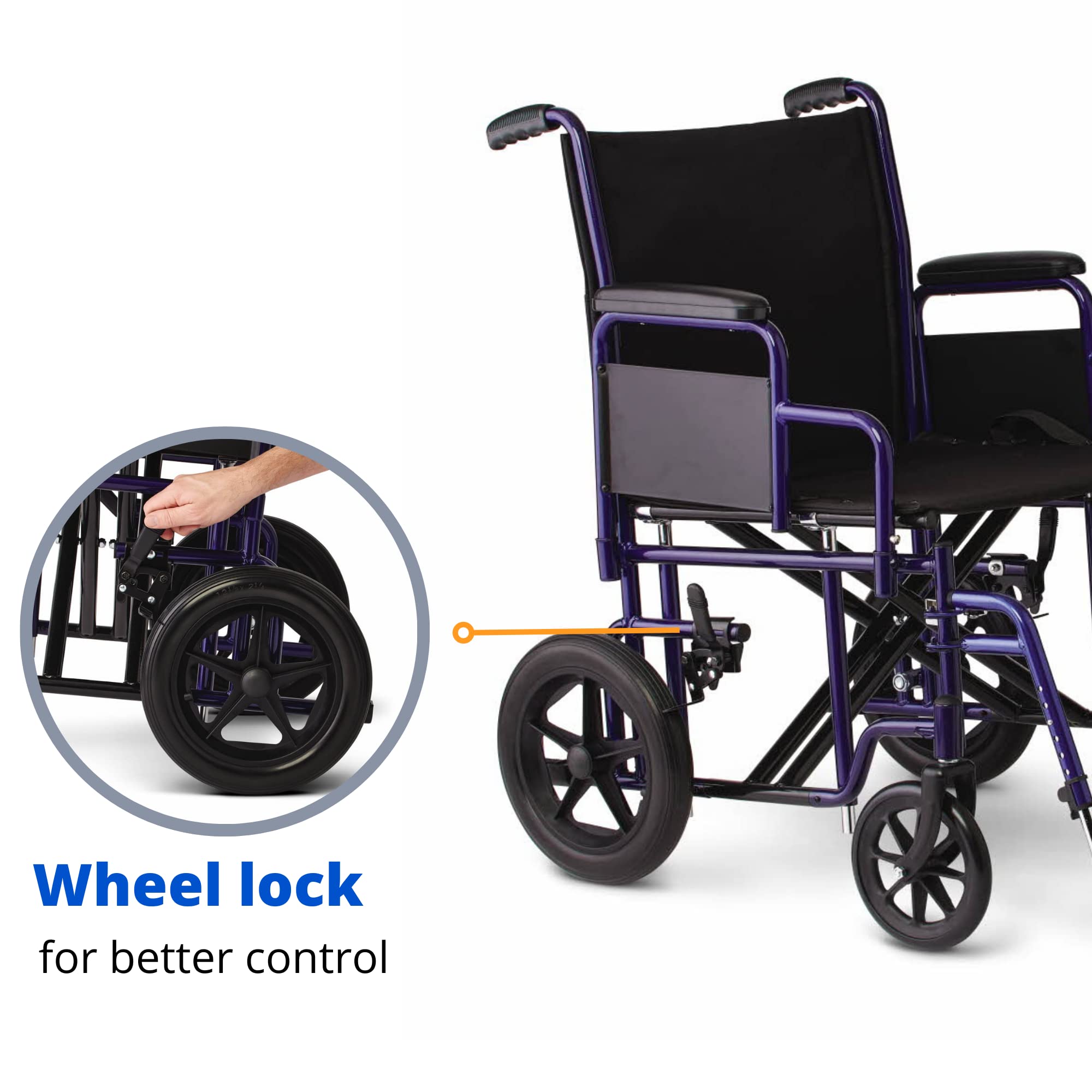 Medline Heavy Duty Transport Chair supports up to 500 lbs., Bariatric Transport Wheelchair, 22