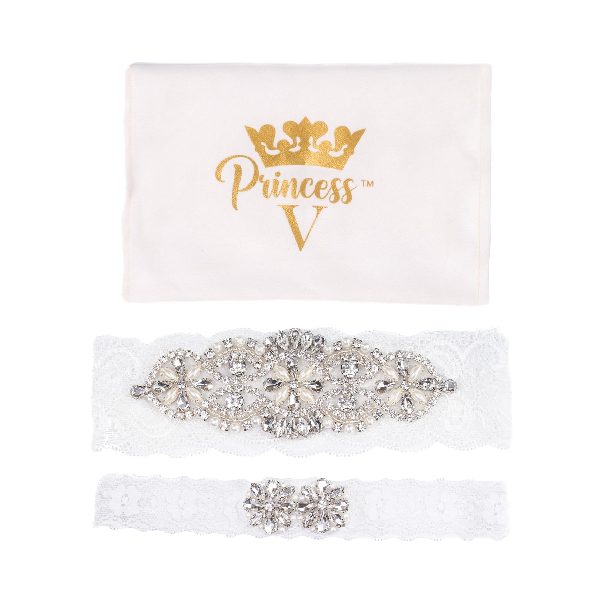 Large White Stretch Lace Wedding Leg Garter & Toss Set with Branded Luxurious Bag for Easy Storage. Made for Plus Size Woman