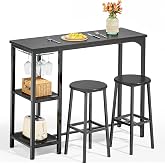 Qsun Small Bar Table Set for 2 | Kitchen Table for 2 with 2 Storage Shelves &amp; Wine Glass Holder, Dining Table for Small Apartment, Dining Room