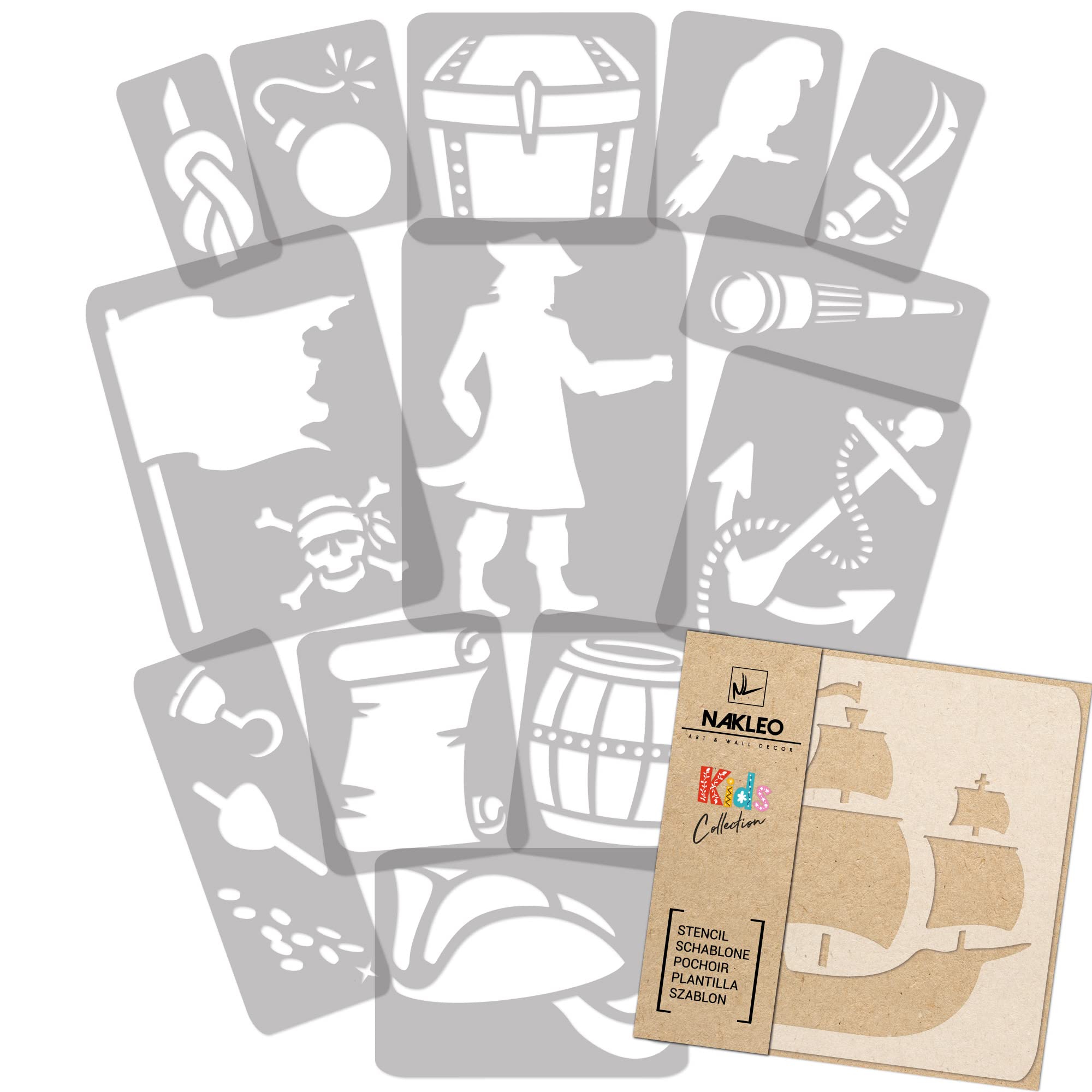 NAKLEO Painting Stencils Set for Nursery Room, 14 Pcs Templates 9x12 to 23x34cm Pirate Sea, Plastic and Reusable Drawing Stencils, Decor, Craft DIY Wall Furniture