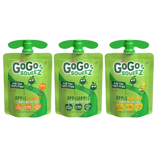 GOGO SQUEEZ APPLESAUCE AND FRUIT PUREE VARIETY PACK, APPLE, MANGO & BANANA, 3.2 OZ (PACK OF 20), UNSWEETENED FRUIT SNACKS FOR KIDS, GLUTEN FREE, NUT FREE AND DAIRY FREE, BPA FREE POUCHES