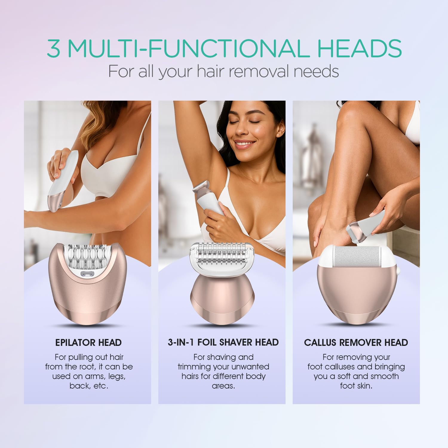 VOYOR Epilator for Women, 3 in 1 Epilator Hair Removal for Women, Epilators Hair Remover for Leg Arm with 30 Tweezers, Rechargeable & Cordless Electric Lady Shaver & Trimmer BM300 (Champagne Gold)