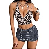 OYOANGLE Women's Leopard Print Sleeveless Tie Back Halter Tops Deep V Neck Fitted Crop Cami Tops