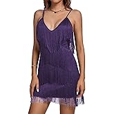 Umenlele Women's Layered Fringe Deep V Neck Cami Mini Dress Sleeveless Tassels Flapper Dresses