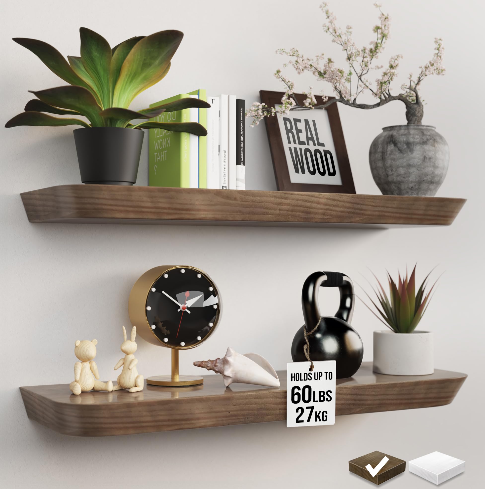 Photo 1 of (missing hardware) YANEVA Real Wood Floating Shelves for Wall 24 inch (Set of 2) - Natural Solid Wood Floating Shelves -Wooden Floating Shelves 