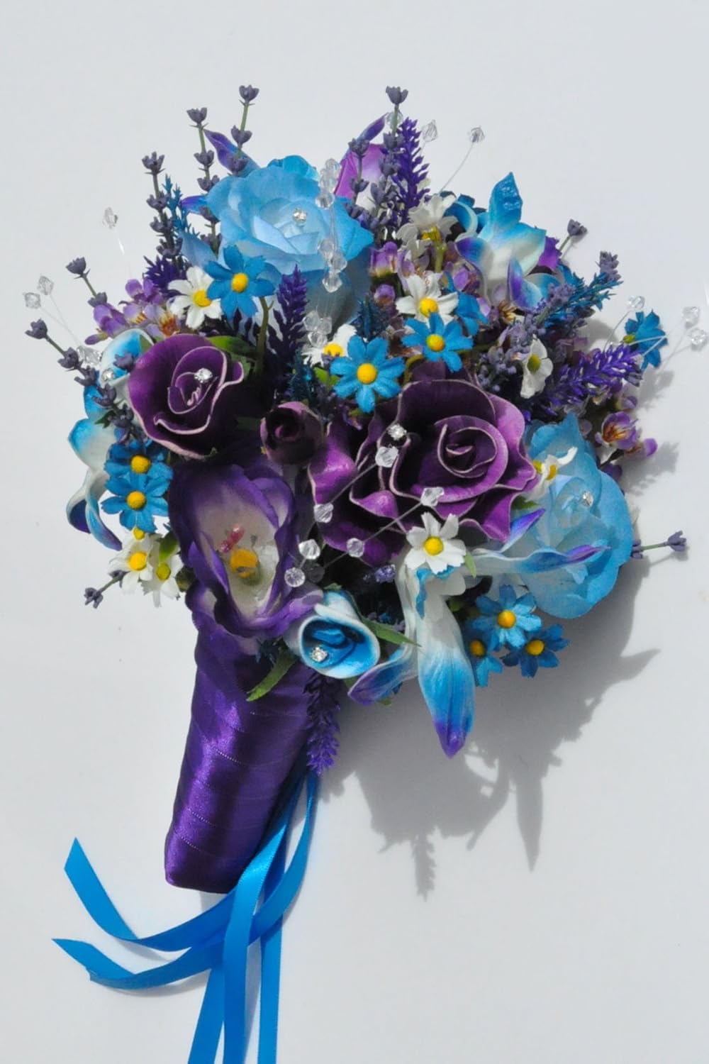 Amazon Com Mermaid Inspired Blue And Purple Fresh Touch Rose Bridal Bouquet With Daisies And Crystal Home Kitchen