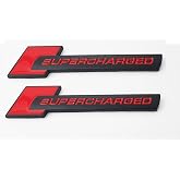 2Pcs Supercharged Emblem Car Logo Premium Auto 3D Raised Metal Badge Rear Trunk Sticker Side Decal (Black red)