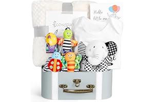 iAOVUEBY Baby Gift Set, Baby Shower Gifts, Black and White High Contrast Baby Toys 0-6 Months for Newborn Essentials Infant Rattle Socks Elephant Toys Blanket Onesies Baby Gift Basket for Girls Boys