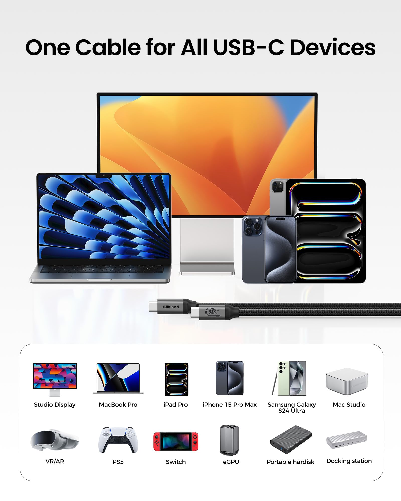 Silkland USB C Monitor Display Cable [4K@144Hz/60Hz 8K@30Hz], USB C 3.2 Gen 2x2 Video Cable, 20Gbps Data Transfer, 240W PD Fast Charge, Type C Compatible with iPhone 16, MacBook Pro, iPad, 3.3FT