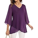 Miusey Dressy Tunic Tops For Women Elegant 3/4 Bell Sleeve Blouse Flowy Mesh Top