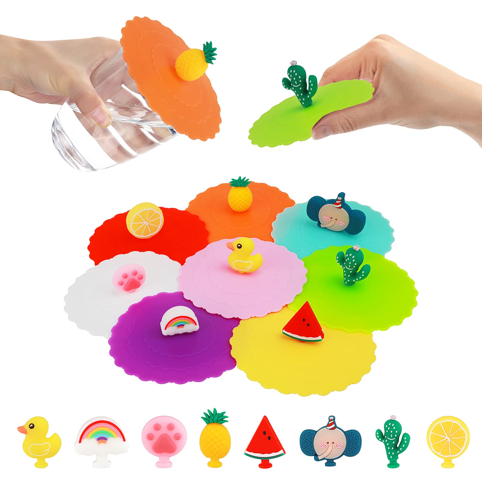 8 Pcs Cute Silicone Cup Lids,Airtight Creative Animal Mug Cover Colorful Anti-Dust Glass Covers Reusable Cup Covers for Drinks Coffee Tea Milk Beer Cups Outdoors & Indoors（10CM）