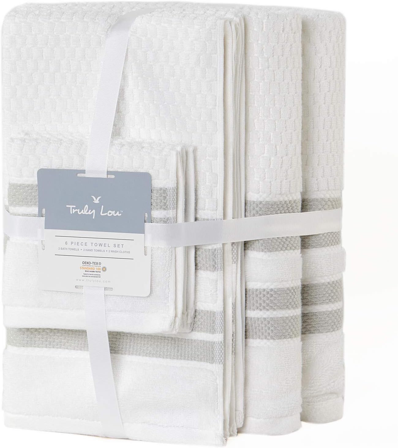 Truly Lou 100% Cotton Quick Dry Textured Bath Towel Set, 6 Piece Set - 2 Bath Towels, 2 Hand Towels and 2 Washcloths, Absorbent, Quick Dry, Soft, Striped Bathroom Towels Mayfield (Light Grey / White): Kitchen & Dining
