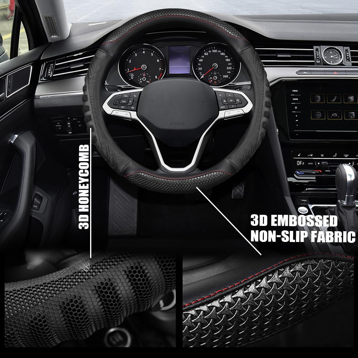 Car Steering Wheel Cover, Anti-Slip Leather Breathable Comfortable Automotive Steering Wheel Cover Protector Decoration for Men and Women, 15 Inch Universal for SUV, Truck, RV（Black）