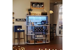 ROCHECASA Wine Rack with LED Light, 43.3" Bar Table Cabinet with Glass Holder, Freestanding Coffee Bar Storage Shelves, 5-Tie