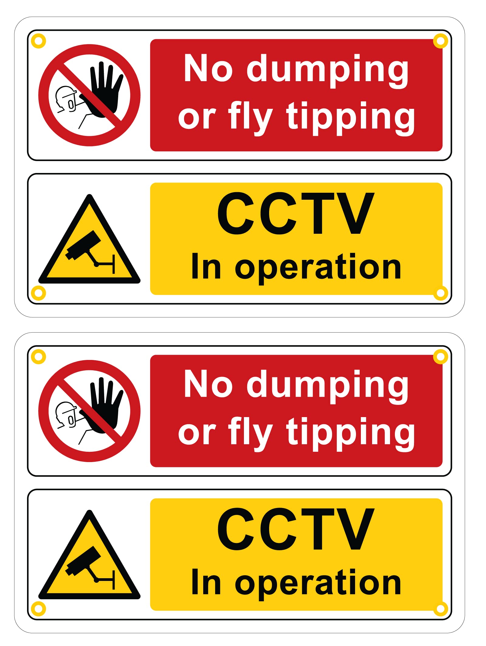 Pack of 2 rigid plastic signs 300mm x 200mm x 3mm with rounded corners and eyelets - No dumping or fly tipping CCTV in operation