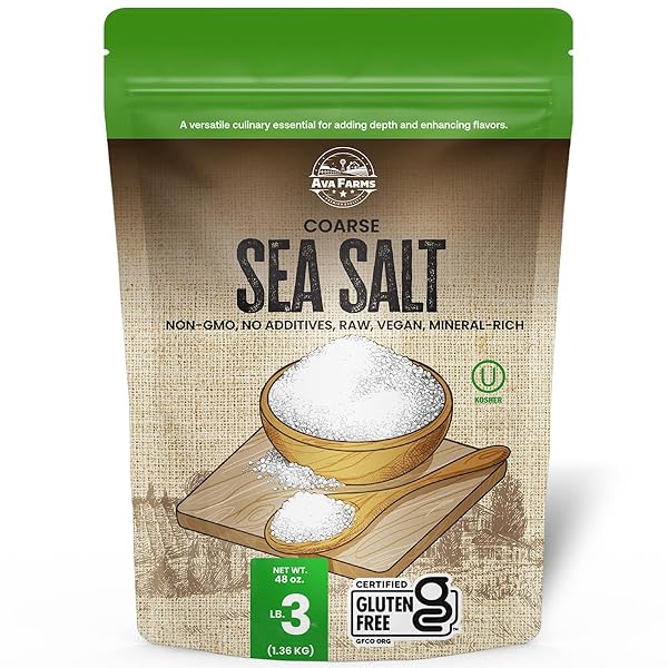 AVA FARMS SEA SALT – COARSE – 3 LB. –GLUTEN-FREE, NON-GMO, VEGAN, RAW, KOSHER, MINERAL RICH – RESEALABLE BAG