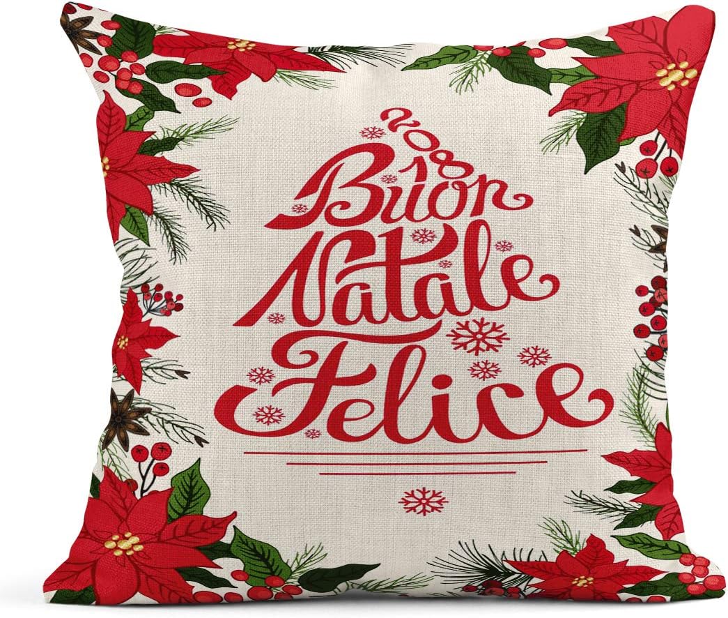 Buon Natale Pillow.Amazon Com Tarolo Throw Pillow Covers Christmas Party Buon Natale Ticket Litalian Ettering Vintage Flowers Fur Tree Plant Llustration Linen Cushion Cases Home Decorative Pillowcases 18 X 18 Inches Home Kitchen