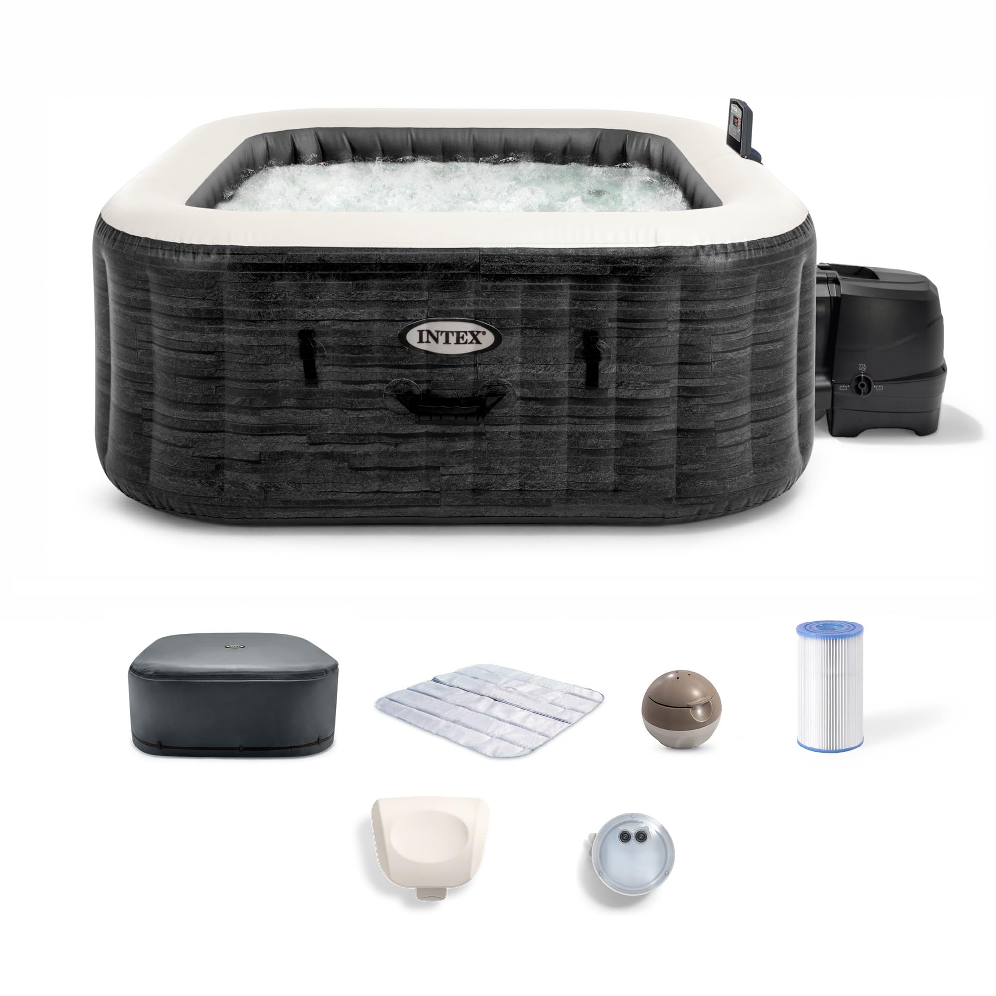 INTEX PureSpa Greystone Deluxe 4 Person Square Inflatable Hot Tub, Bubble Massage Spa Set, Energy Efficient & Saltwater Compatible (Cell Not Included), 69 in x 28 in