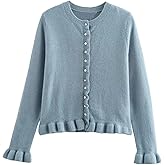 FindThy Women’s Cropped Cardigan Sweater Trendy Crewneck Ruffle Long Sleeve Button Down Knitwear Tops