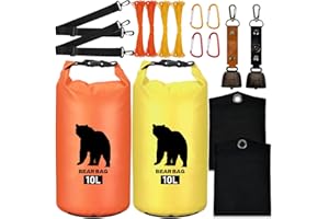 HLIMIOR 2 Pcs 10L Waterproof Bear Bags with 4 Nylon Ropes, 4 Clips & 2 Rock Pockets & 2 Small Warning Bells for Hanging Food securely. Ultralight Camping Food Bag System.