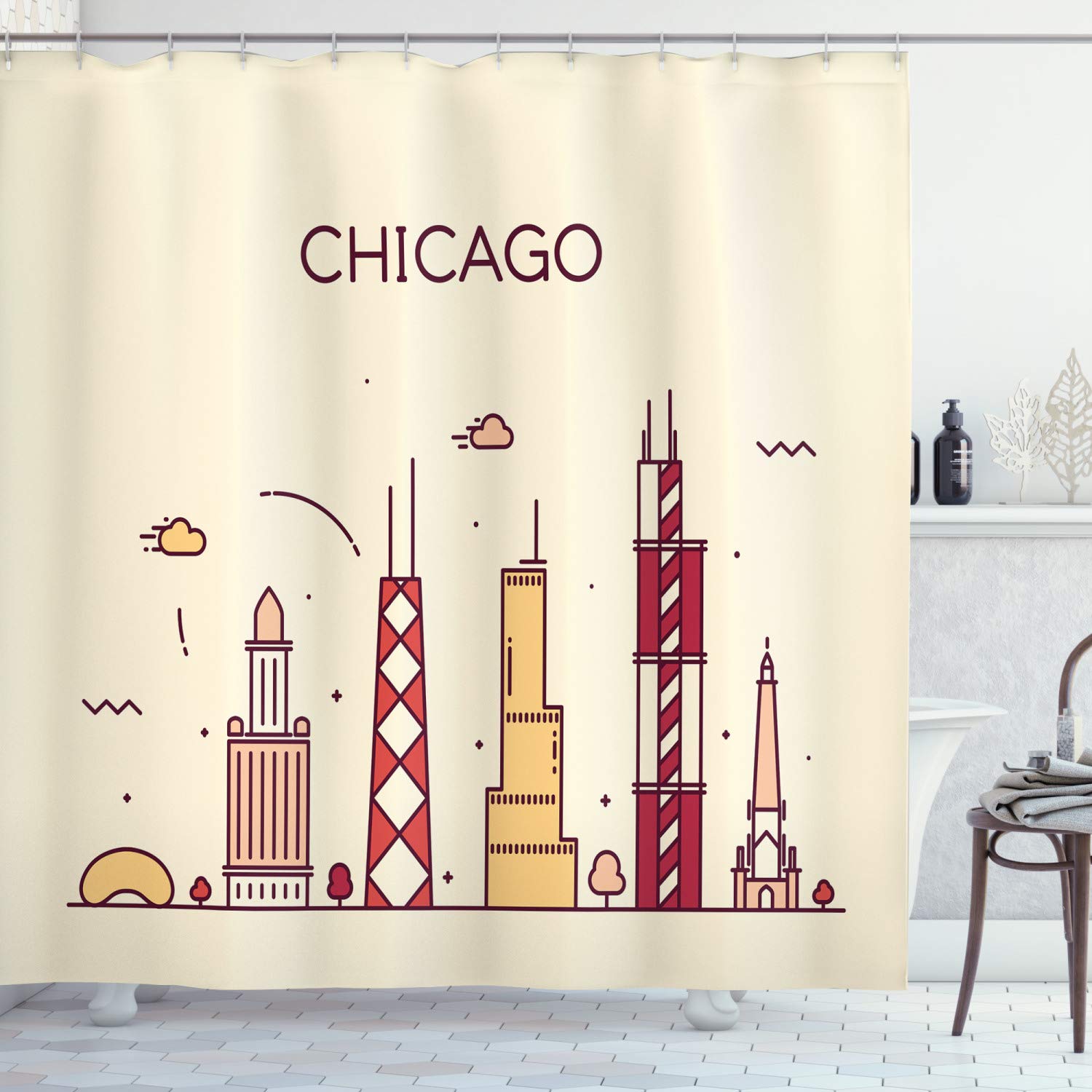 ABAKUHAUS Chicago Skyline Shower Curtain, Hand Drawn Style American Town with Historical and Famous Buildings Print, 78 Inches, Multicolor