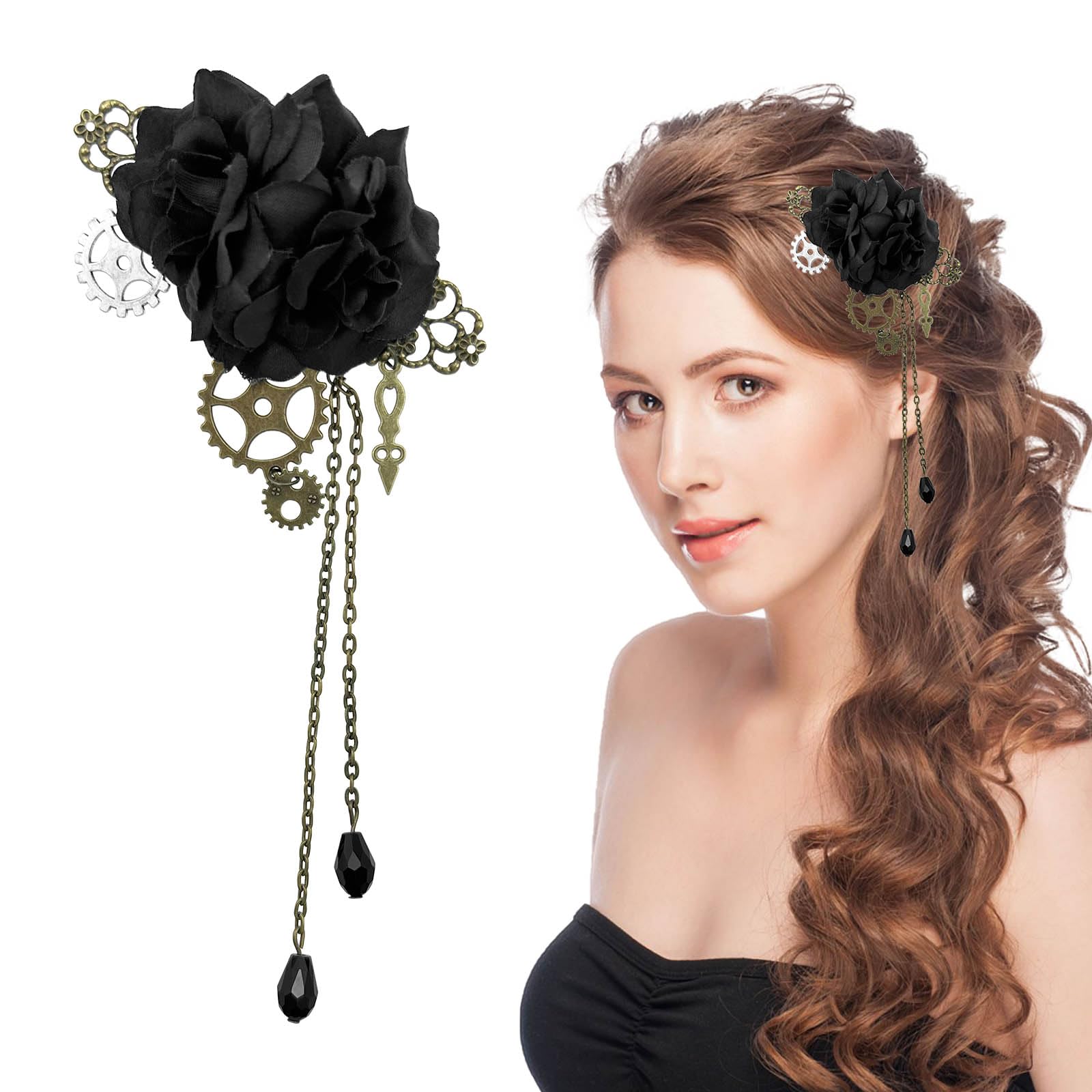 1 PCS Steampunk Metal Gothic Hair Clip With Black Rose Flower Tassels Chain and Gear - Punk Barrettes Accessories for Halloween Cosplay