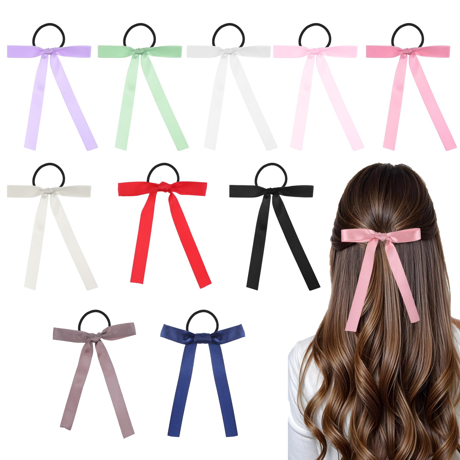 Photo 1 of 10 Pcs Bow Hair Ties, Silky Satin Elastics Hair Scrunchie, Ponytail Holder Accessories, Hair Ties with Bows, Hair Bows for Women(10 Colors)