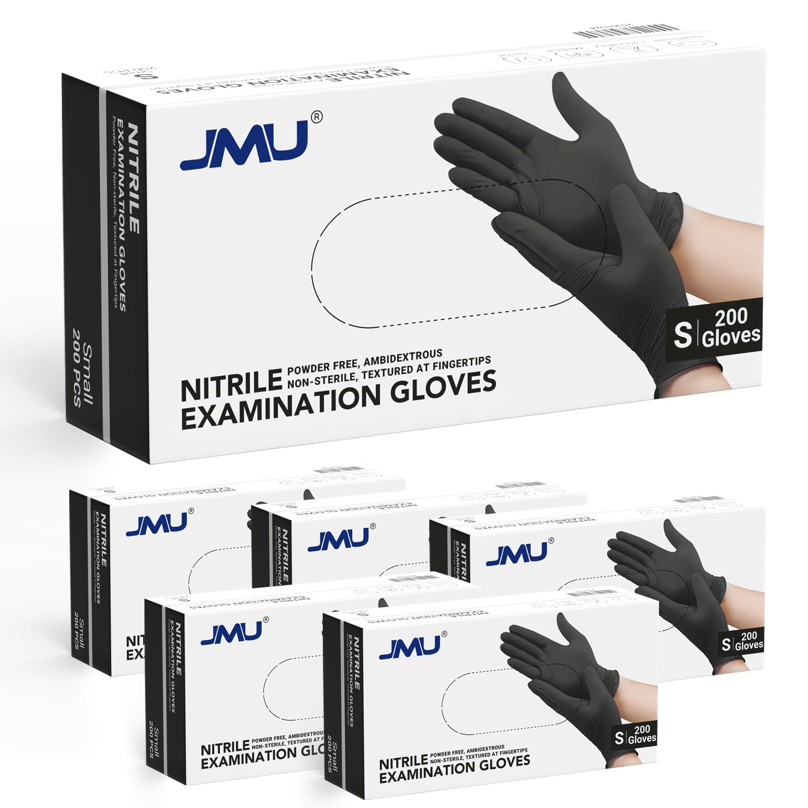 Photo 1 of JMU Black Nitrile Gloves Small Case of 1200, 3.5Mil Nitrile Exam Gloves, Latex Free, Powder Free