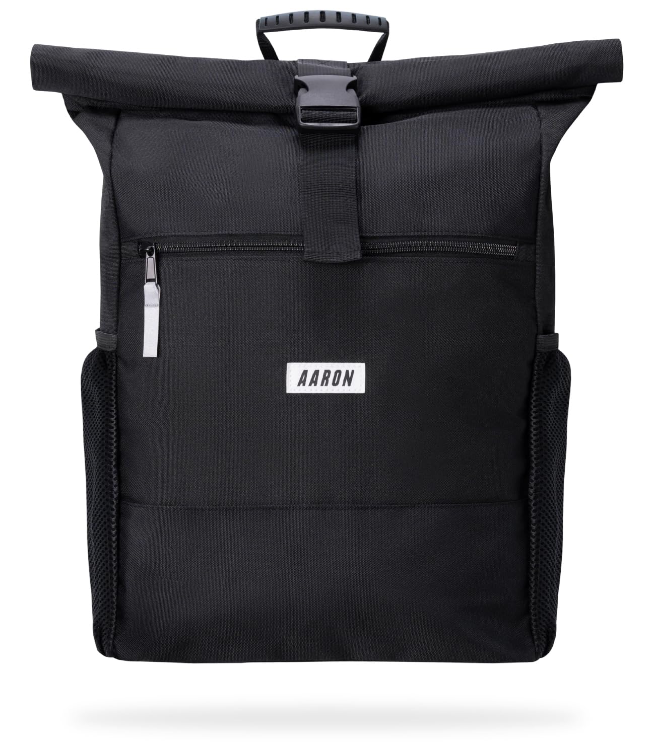 AARON Rolltop Rucksack Damen und Herren, mit Laptopfach, inkl. AirTag Halter, Daypacks, Rollrucksack aus recycletem PET für UNI, Reisen, Alltag, Rolltop Backpack in schwarz und Blumen