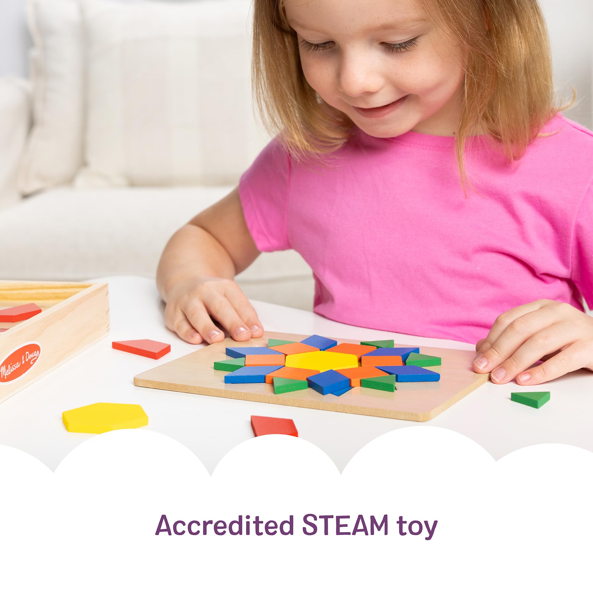 Melissa & Doug Pattern Blocks and Boards with 120 Multi-Colored Wooden Shape Tiles, 5 Double-Sided Puzzle Boards, Tangram Puzzles, Montessori Toys for Girls & Boys