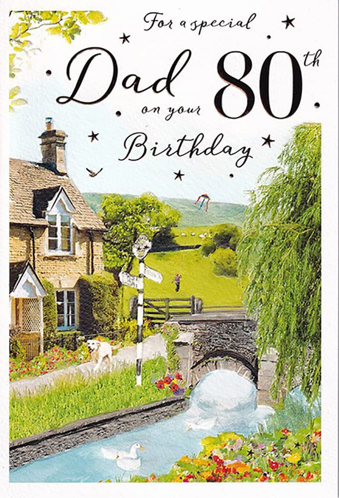 International Cards and Gifts Birthday Card - 'For a Special Dad on Your 80th Birthday' - Lovely Country Cottage Illustration