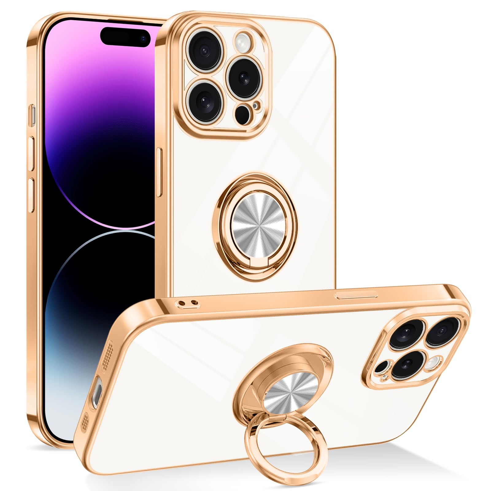 Dinick Designed for iPhone 14 Pro Case with Ring Holder Soft TPU Bumper Glitter Plated Slim Cover for Women Men Finger Stand for iPhone 14 Pro Case White and Gold