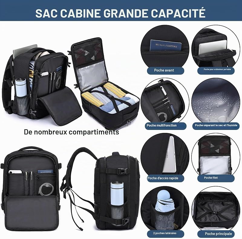 Bagage Cabine 40x30x20cm Sac a Dos Voyage Cabine Avion pour Ryanair, Transavia 24L Femme Homme Bagage à Main Sac a Dos Cabine Valise Sac à Dos pour Ordinateur Portable 14 Pouces