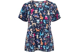 ODEUIAOD Womens Scrub Tops Fashion Printed Work Uniform T-Shirt V Neck Short Sleeve Nurse Tops Tunic Blouse with Pocket