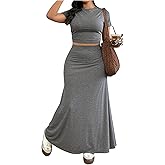 OYOANGLE Women's Plus Size 2 Piece Outfits Short Sleeve Crop Top and Elastic Waist Maxi Skirts Set
