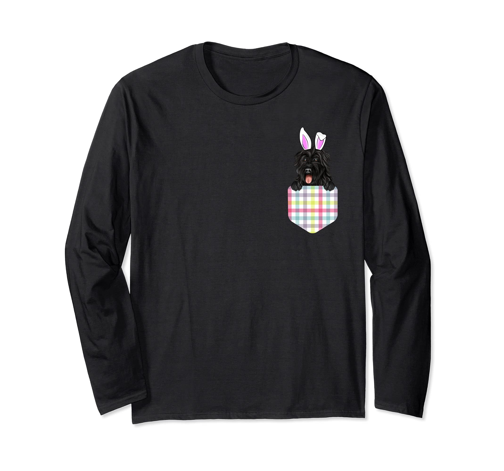 Easter Plaid Bouvier des Flandres Bunny Dog In Pocket Long Sleeve T-Shirt