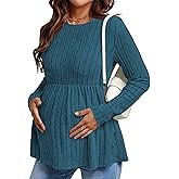 Ekouaer Womens Maternity Tops Long Sleeve Pregnancy Tunic Blouses Crew Neck Ribbed Shirts Pregnant Clothes