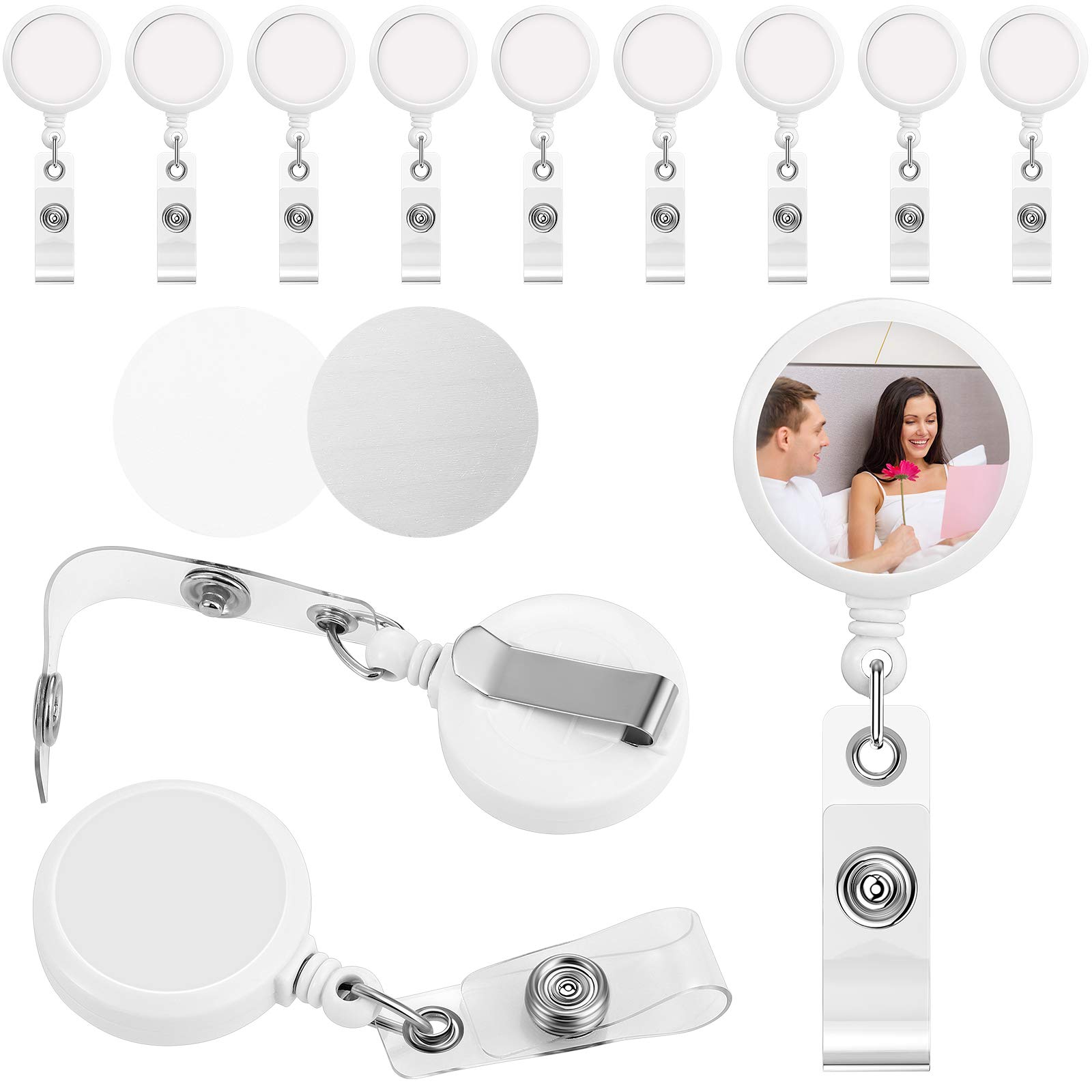 Photo 1 of 12 Pieces Sublimation Retractable Badge Holder with Belt Clip, Blank Nurse ID Badge Reels for Office Worker Doctor Nurse, Key Card Name Tag Holder for Sublimation Personalize Photo (White)