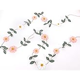 Wool Felt Daisy Chain Banner Garland - Daisy 1st Birthday Decorations,Daisy Themed Party Decorations,Nursery Wedding Decoration,White Pink Wool Felt Daisy Green Leaf Garland (pink1)