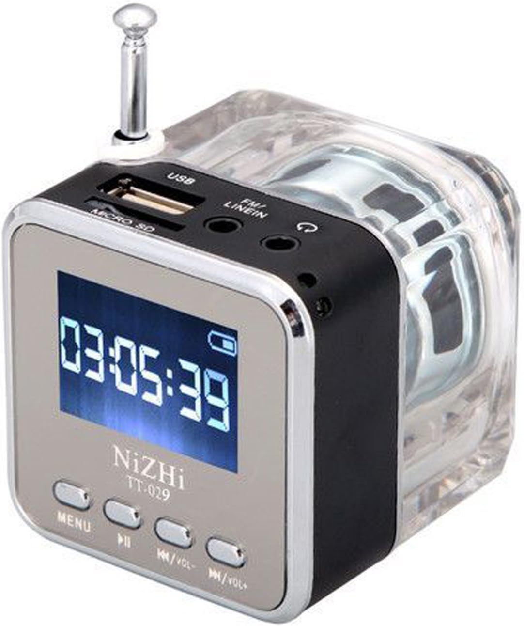 LuckyTECH Rechargeable Digital Mini Flashing LED Travel Pocket Speaker with FM Radio, MP3 Player and Micro SD slot