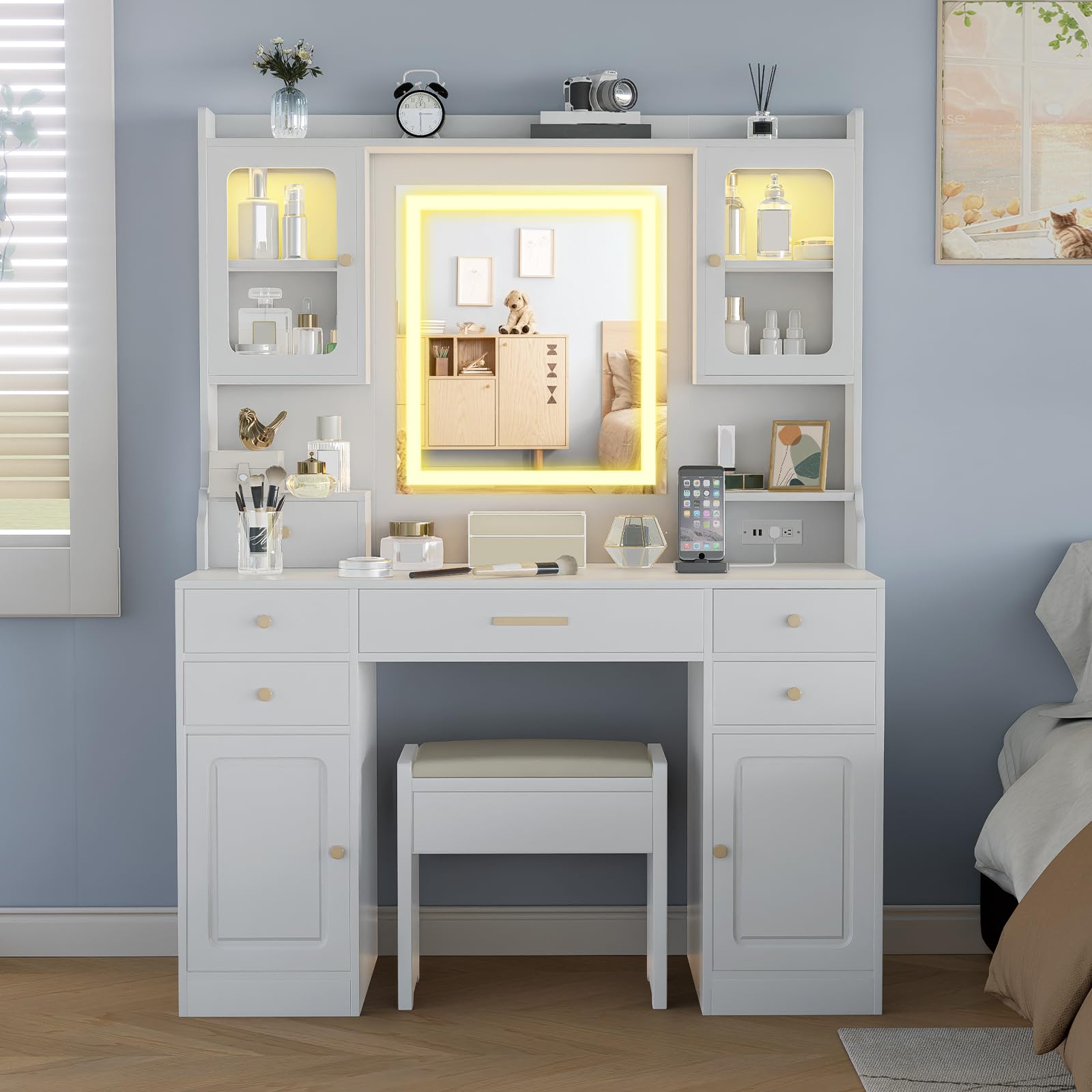 Photo 1 of ***SELLING FOR PARTS*** ***READ CLERK NOTES*** Wakefit 42'' Vanity Desk with Mirror and Lights, White Makeup Table with Power Outlet, Large Dressing Desk with Drawers and Cabinet, LED Light with 3 Color Modes and Adjustable Brightness