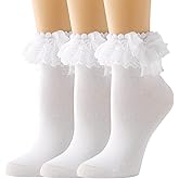 AMHRLINGTO Lace Ruffle Frilly Socks for Women - Lace Ankle Socks with Bow