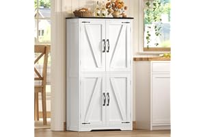 TEENFON Farmhouse Storage Cabinet with 2 Adjustable Shelves, Bathroom Cabinet with 4 Doors, Kitchen Cabinets, Cupboard for Kitchen, Living Room, White