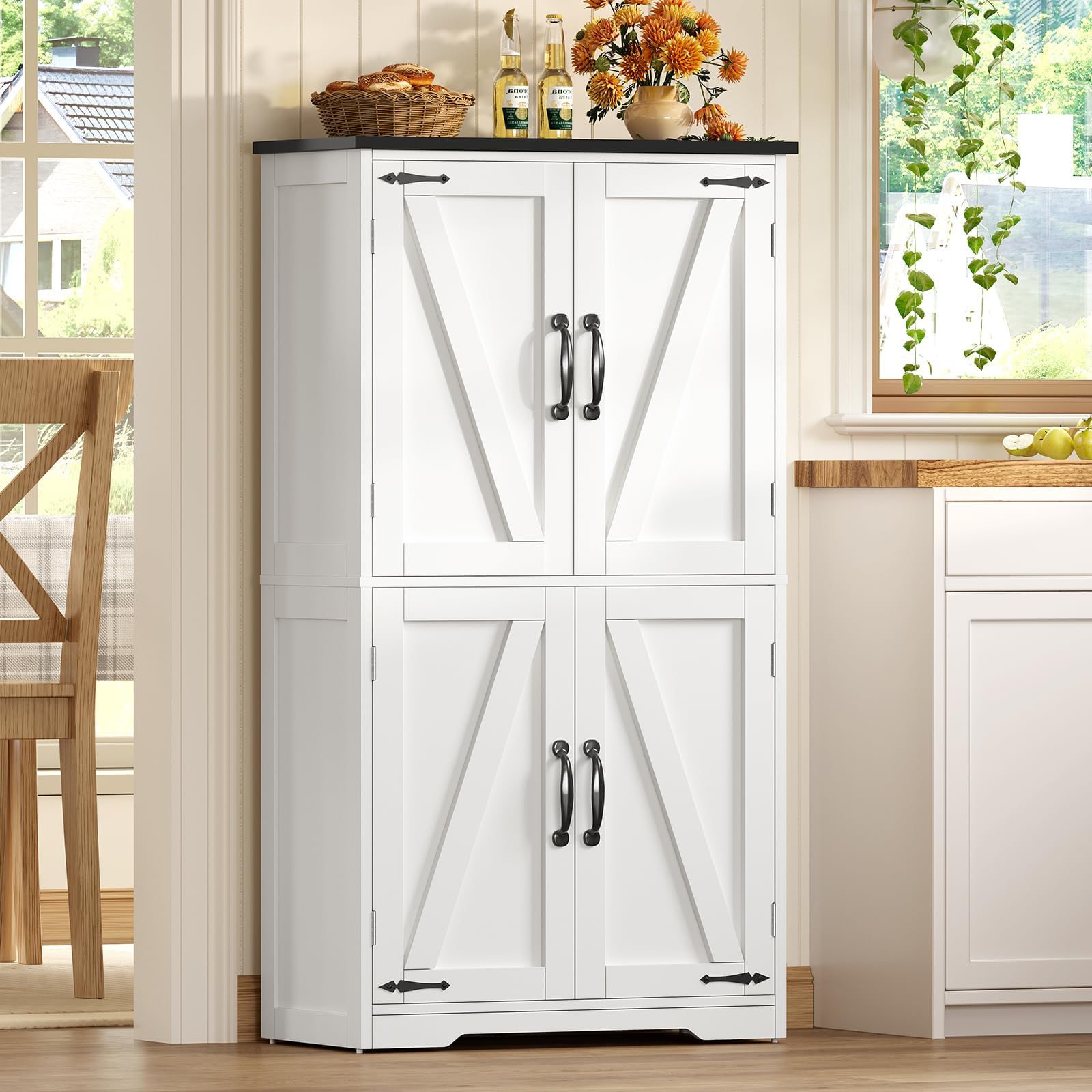 Photo 1 of TEENFON Farmhouse Storage Cabinet with 2 Adjustable Shelves, Bathroom Cabinet with 4 Doors, Kitchen Cabinets, Cupboard for Kitchen, Living Room, White