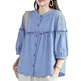 utcoco Womens Plaid Button Down Shirts Casual Loose Fit 3/4 Sleeve Tunic Tops Checkered Blouses